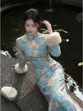 2026 Autumn and Winter Dress Velvet Thickened Long-sleeved Cheongsam Qipao White Jacquard Gentle and Elegant Long Dress