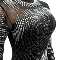 Women Diamonds Hot Rhinestones Mesh See Though Long Sleeve Stretch Jumpsuit Party Evening Playsuit One Piece Set