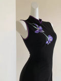 Oriental Aesthetics Dress Qipao National Style Purple Embroidery Retro Black Slim Hong Kong Workers Cheongsam