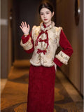 2026 Autumn and Winter Red Dress Suit Festive and Cute Style Vest Jacket Improved Cheongsam Velvet Two-piece Set for Women
