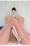 Super Fairy Morning Robe Women's Dress Pink Bow Bridal Engagement Dress Toasting  One-word Shoulder Birthday Party Dress