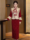 2026 Autumn and Winter Red Dress Suit Festive and Cute Style Vest Jacket Improved Cheongsam Velvet Two-piece Set for Women