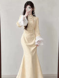 Yellow Dress Jacquard Elegant Sweet Improved Cheongsam High-end Long Sleeved Retro Temperament Slim Fit Winter Velvet Dress