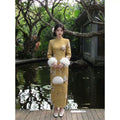 Dress Qipao 2026 New Velvet Cheongsam Skirt Autumn and Winter Yellow Inverted Large-sleeved Cheongsam