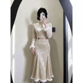 Winter Dress Fleece 2026 New Gentle Lady Beige Cheongsam Qipao Fish Tail Gentle and Generous