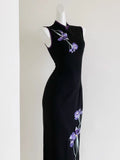 Oriental Aesthetics Dress Qipao National Style Purple Embroidery Retro Black Slim Hong Kong Workers Cheongsam