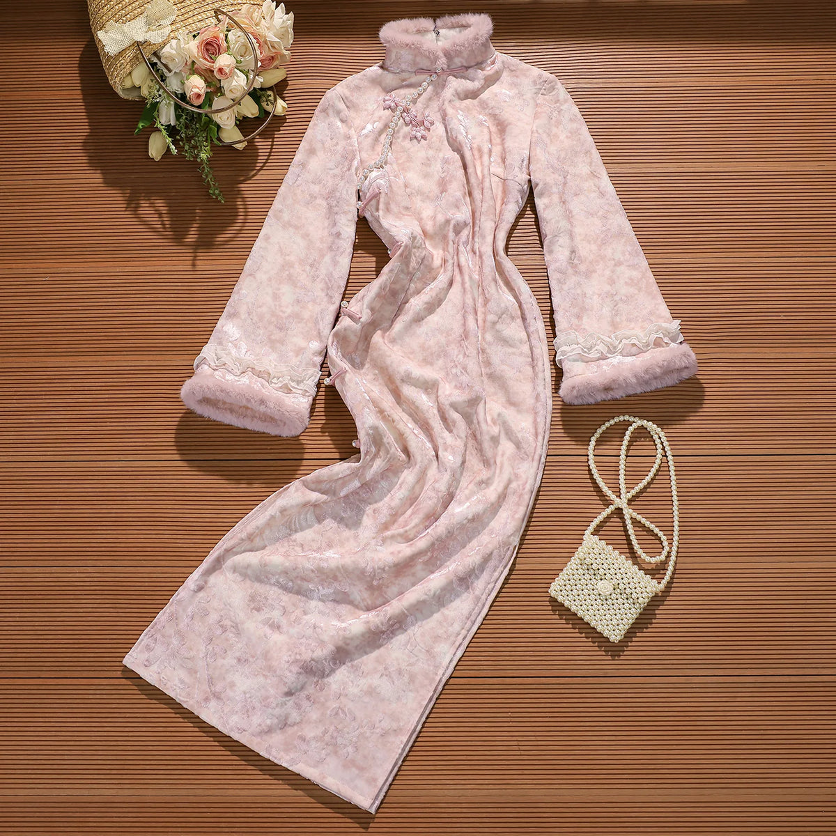 Pink Dress Cheongsam Winter Clothing for Women 2026 New Year's Clothing with Thick Velvet and Long Sleeves for Autumn