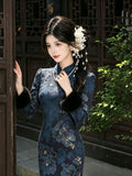 Beautiful Jacquard Cheongsam Autumn and Winter New National Style Improved Dress Women's Qipao Velvet Long-sleeved Lanling King Cheongsam