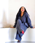 Denim Women's Set Ruched Long Sleeve Jacket and Pocket Front Loose Jeans Pants Two 2 Piece Sets Outfits Tracksuit