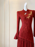 Red Dress Embroidered High-end Engagement Cheongsam Improved Version Fake Two-piece Waist Cinching Temperament Chinese Style Dress Autumn