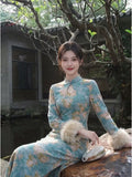 2026 Autumn and Winter Dress Velvet Thickened Long-sleeved Cheongsam Qipao White Jacquard Gentle and Elegant Long Dress