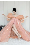 Super Fairy Morning Robe Women's Dress Pink Bow Bridal Engagement Dress Toasting  One-word Shoulder Birthday Party Dress