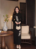 Embroidery Dress Qipao Slim-fit Black Long Sleeve Fleece Cheongsam Dress Women's Clothes