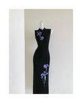 Oriental Aesthetics Dress Qipao National Style Purple Embroidery Retro Black Slim Hong Kong Workers Cheongsam