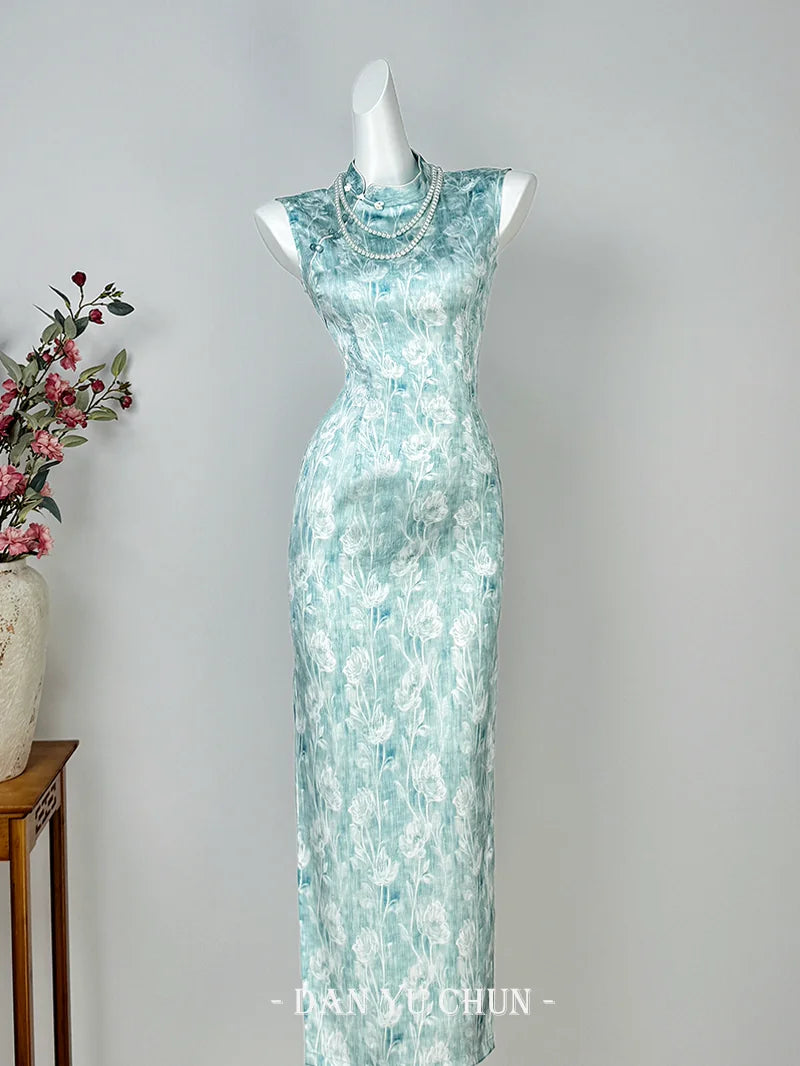 Sleeveless Cheongsam Dress for Women  Summer Stunning Blue Youthful and Improved Dress