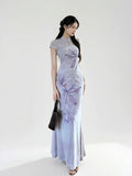 Pan Button Short Sleeved Cheongsam Top Printed Skirt Women's Set Summer Temperament Waist Cinching