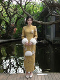 Dress Qipao 2026 New Velvet Cheongsam Skirt Autumn and Winter Yellow Inverted Large-sleeved Cheongsam