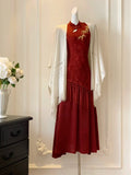 Red Dress Embroidered High-end Engagement Cheongsam Improved Version Fake Two-piece Waist Cinching Temperament Chinese Style Dress Autumn