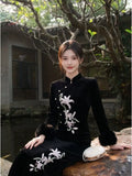 Embroidery Dress Qipao Slim-fit Black Long Sleeve Fleece Cheongsam Dress Women's Clothes