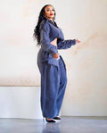 Denim Women's Set Ruched Long Sleeve Jacket and Pocket Front Loose Jeans Pants Two 2 Piece Sets Outfits Tracksuit