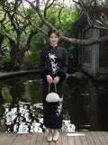 Embroidery Dress Qipao Slim-fit Black Long Sleeve Fleece Cheongsam Dress Women's Clothes
