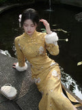 Dress Qipao 2026 New Velvet Cheongsam Skirt Autumn and Winter Yellow Inverted Large-sleeved Cheongsam