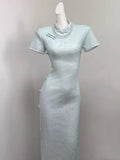 Light Blue Dress Cloud Shoulder Qipao Exquisite Engagement Dress 2026 New Improved Young Girl Dress Summer