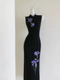 Oriental Aesthetics Dress Qipao National Style Purple Embroidery Retro Black Slim Hong Kong Workers Cheongsam