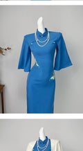 Elegant Blue Dress Cheongsam Autumn High-end Temperament Improved Embroidery Dress Women's Clothing