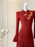 Red Dress Embroidered High-end Engagement Cheongsam Improved Version Fake Two-piece Waist Cinching Temperament Chinese Style Dress Autumn