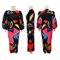 Elegant Women Pleated Half Lantern Sleeve O-neck Slim Maxi Long Dress Print Fashion Autumn 2024 Ruched Dresses Vestidos