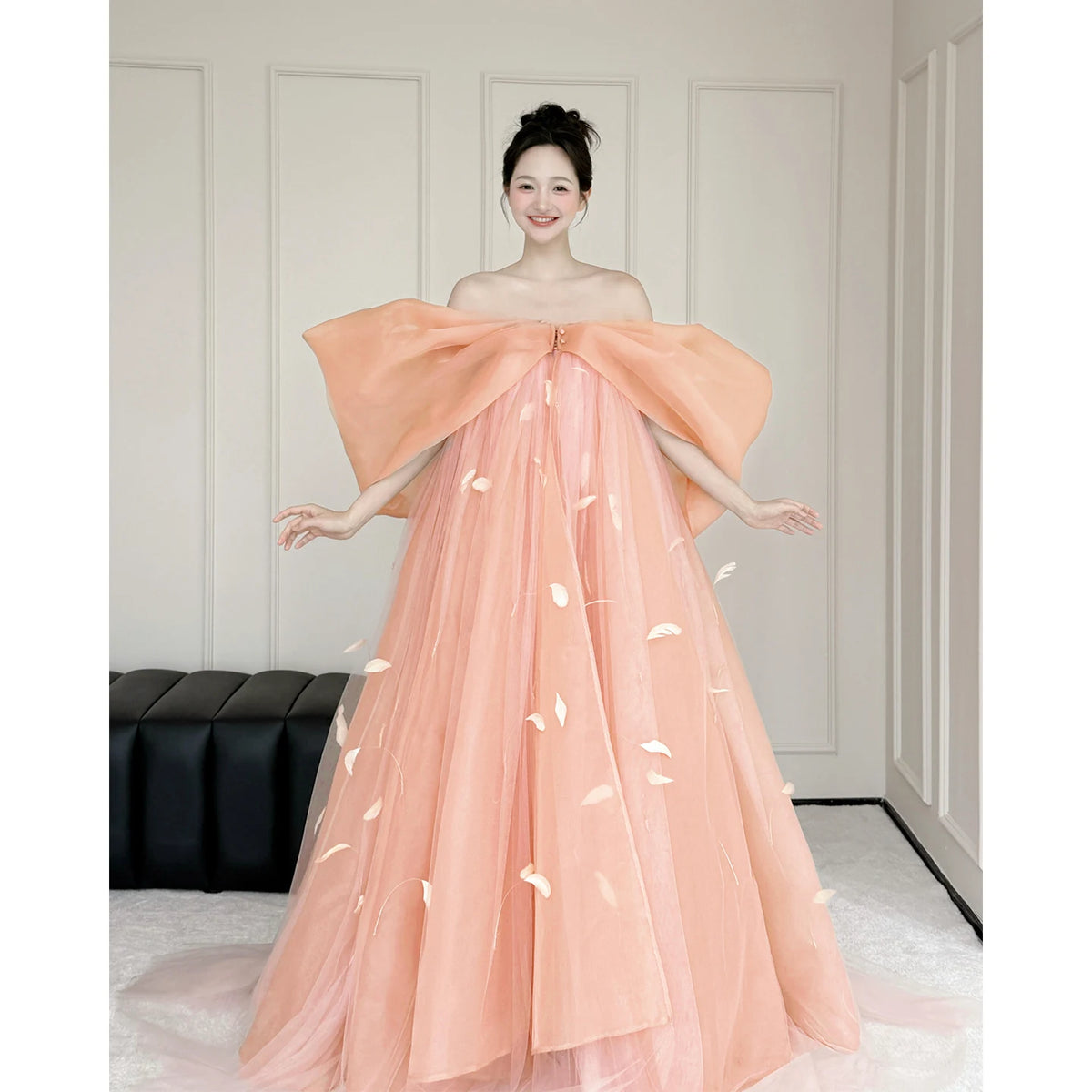 Super Fairy Morning Robe Women's Dress Pink Bow Bridal Engagement Dress Toasting  One-word Shoulder Birthday Party Dress