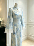 Blue Butterfly Dress Dyed Lace Cheongsam Autumn New Style Gentle Temperament Waist Cinching Long Sleeved Dress