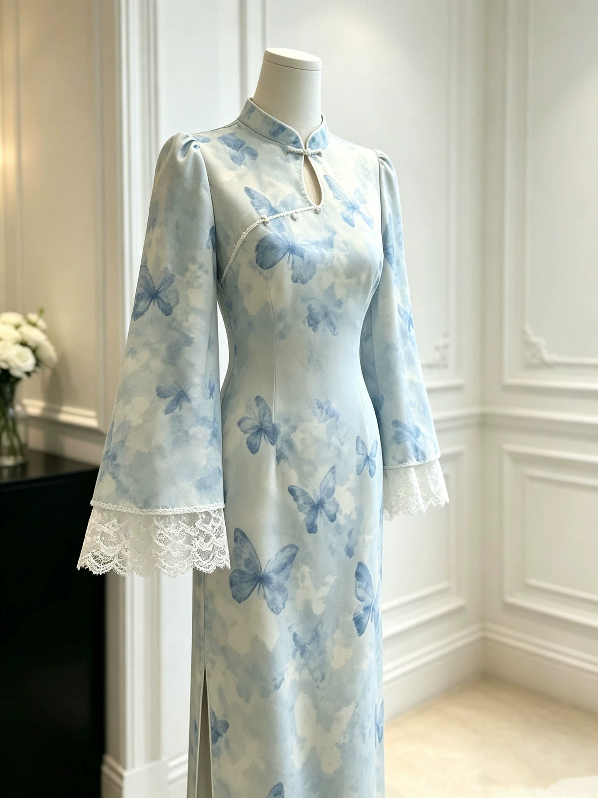 Blue Butterfly Dress Dyed Lace Cheongsam Autumn New Style Gentle Temperament Waist Cinching Long Sleeved Dress