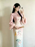 Pink Dress Gradual Change Color Improved Cheongsam Qipao Velvet Gentle Slim Jacquard National Style Dress Autumn and Winter