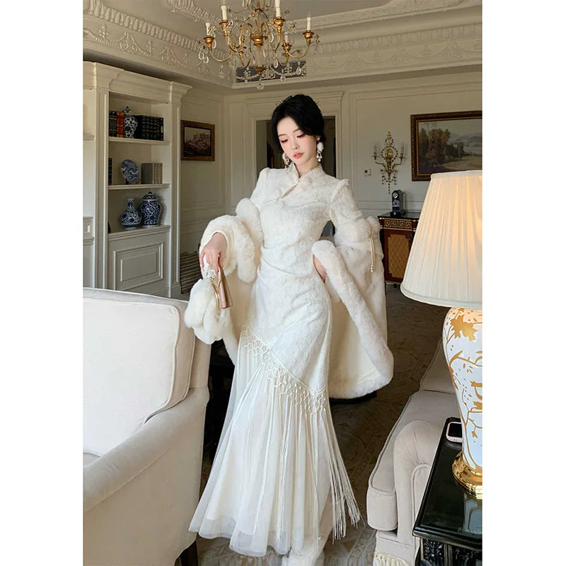 Cheongsam Rough Edge Long-sleeved Dress Beautiful Long Women's Qipao Dress