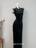 Black Velvet Dress Cheongsam Young Style High-end Atmospheric Slim Fit with Elasticity