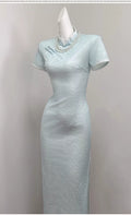 Light Blue Dress Cloud Shoulder Qipao Exquisite Engagement Dress 2026 New Improved Young Girl Dress Summer