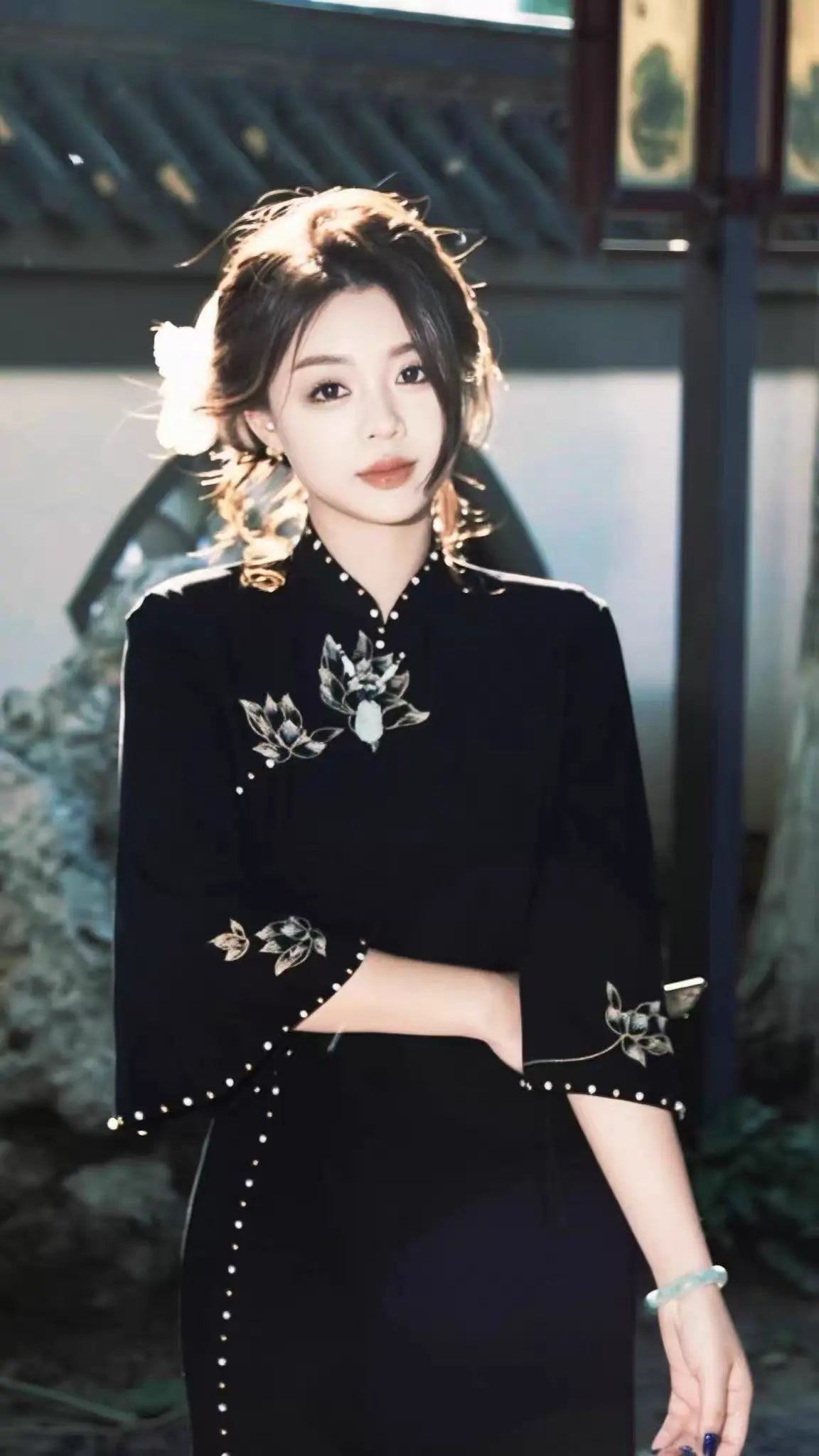 Retro Inkstone Lotus Black Dress Cheongsam Women's Autumn New Style Inverted Large Sleeves Waist cinching Slimming Split Dress