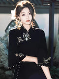 Retro Inkstone Lotus Black Dress Cheongsam Women's Autumn New Style Inverted Large Sleeves Waist cinching Slimming Split Dress