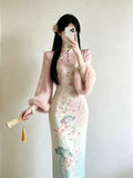 Pink Dress Gradual Change Color Improved Cheongsam Qipao Velvet Gentle Slim Jacquard National Style Dress Autumn and Winter