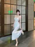 French Dress Temperament Socialite Muse Diamond Jewelry Cover Meat Skinny Suspender Dress Neck Design Lace Dress