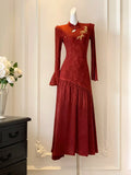 Red Dress Embroidered High-end Engagement Cheongsam Improved Version Fake Two-piece Waist Cinching Temperament Chinese Style Dress Autumn