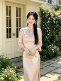 Stand Collar Pink Dress Satin Improved Cheongsam Autumn New Style Gentle Temperament Waist Slimming Dress