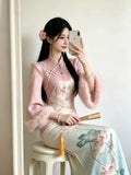 Pink Dress Gradual Change Color Improved Cheongsam Qipao Velvet Gentle Slim Jacquard National Style Dress Autumn and Winter