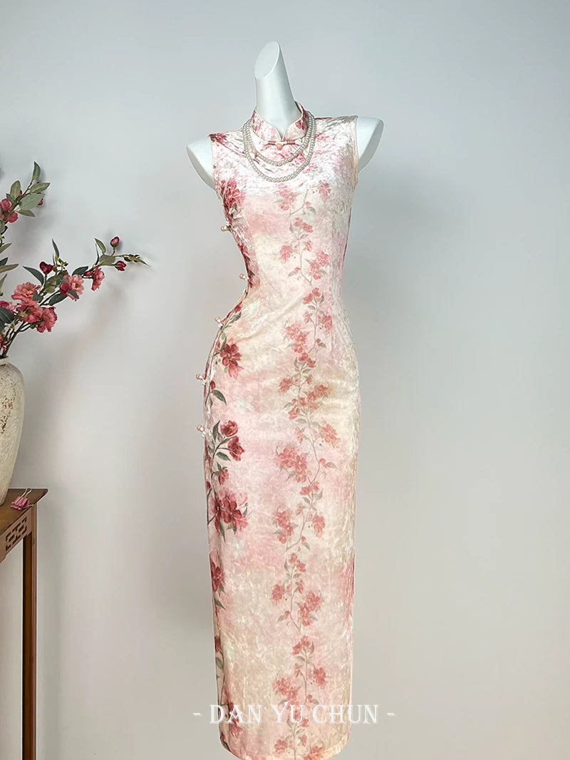 Exquisite Pink Dress Cheongsam Women's Clothes Spring Summer Velvet Retro Young Dress