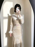 Winter Dress Fleece 2026 New Gentle Lady Beige Cheongsam Qipao Fish Tail Gentle and Generous