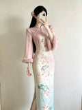 Pink Dress Gradual Change Color Improved Cheongsam Qipao Velvet Gentle Slim Jacquard National Style Dress Autumn and Winter