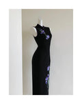 Oriental Aesthetics Dress Qipao National Style Purple Embroidery Retro Black Slim Hong Kong Workers Cheongsam