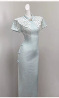 Light Blue Dress Cloud Shoulder Qipao Exquisite Engagement Dress 2026 New Improved Young Girl Dress Summer